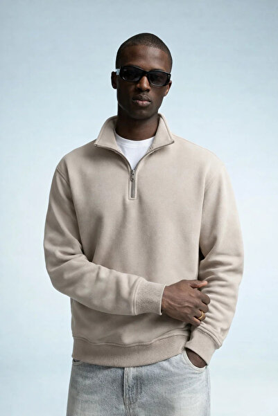 COMBİNE MİCHAİL Men's Winter Knitted Collar Cream Sweatshirt