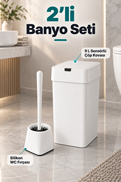 Funny Life 2’li Banyo Seti 9 Litre Sensörlü Akıllı Çöp Kovası ve Silikon WC Klozet Fırçası Beyaz