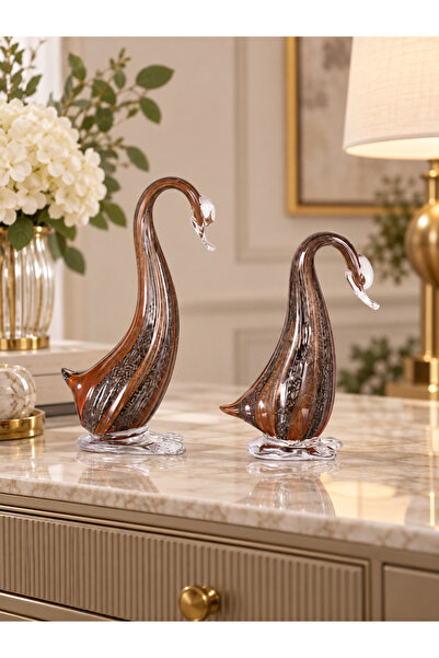 Hinora Home Amber Siyah Kuğu Formlu 2’li Cam Dekoratif Obje Seti – 14x10x25 c...