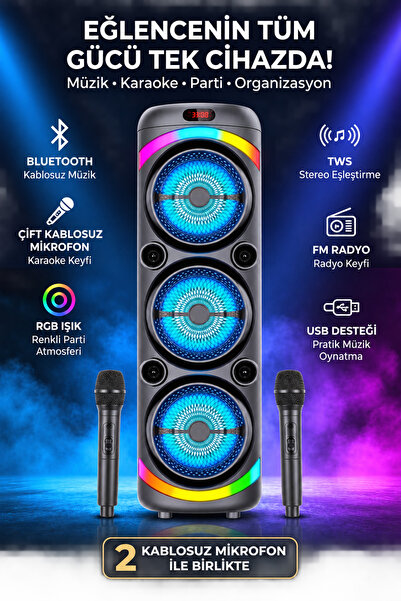 Maybax Büyük Boy Taşınabilir Bluetooth Party Hoparlör Çift Kablosuz Mikrofonl...
