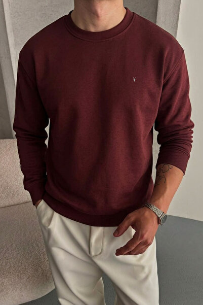 COMBİNE MİCHAİL Men's Loose Textured Flare Burgundy Sweatshirt