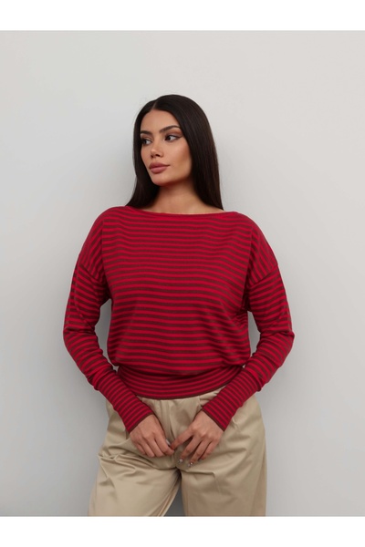 ESRAHELVACI Striped One-Shoulder Slim Knit Sweater
