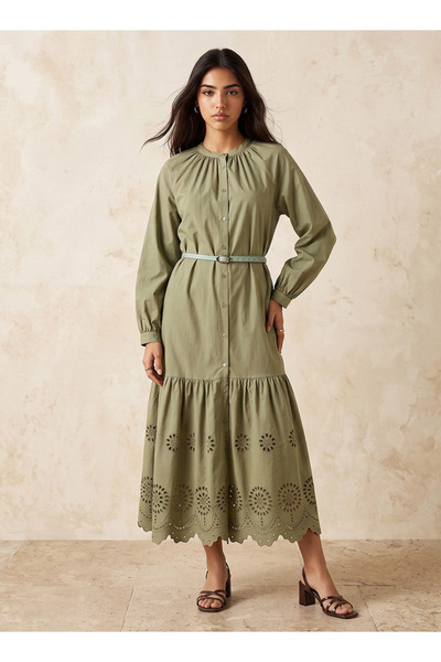 FAV SCALLOP HEM BELTED DRESS