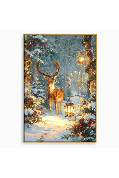 Luxcanva Tablou Canvas Cerbul In Padurea De Iarna 50x70 cm cu Rama Auriu Coar...