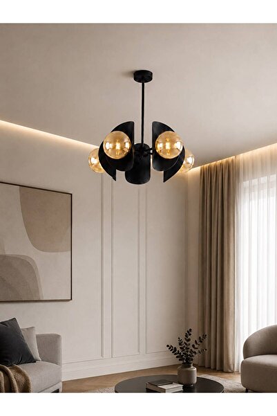 avizade NOVEN 5'li Siyah Metal Bal Cam Küre Avize | Modern Salon Sarkıt Aydın...