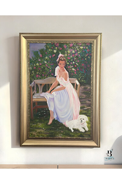 B BOSEA NATURAL El Yapımı Yağlı Boya Tablo 60x90 cm Kadın ve Köpek Figürlü Go...