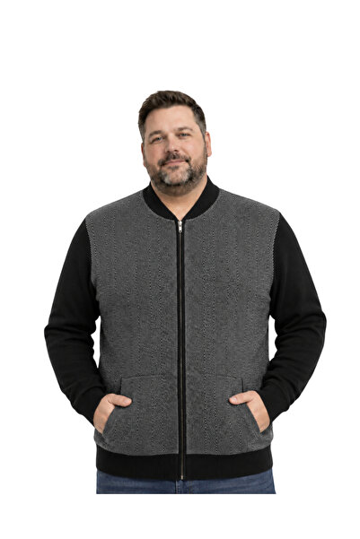 BattalModa Men's Large Size Black Vento Pocket Knitwear Cardigan 3Xl-4Xl-5Xl-6Xl