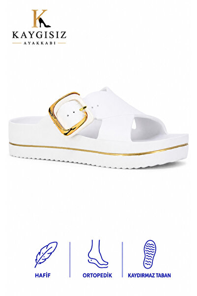 KAYGISIZ AYAKKABI Kadın Ortopedik Terlik Beachwear Tokalı Çapraz Bantlı Hafif...