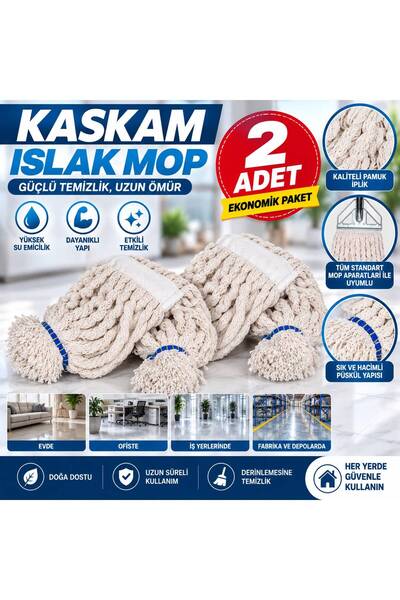 Ceyhanlar Kaskam Islak Mop 2 Adet Pamuklu Yüksek Emici Islak Mop Bezi Yedek M...