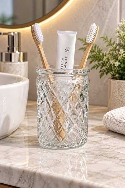 ANGDESİGN Dekoratif Cam Diş Fırçalık ŞEFFAF || Çok Amaçlı Banyo Düzenleyici Makyaj Fırçalık Kalemlik Pamukluk Tealight Mumluk Masaüstü Organizer Dekoratif Obje Biblo || CAM || Dekorasyon Ev Yaşam Diş Fırçası