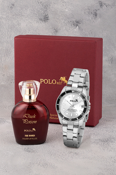 Poloair Mercek Takvimli Kadın Kol Saati Ve 55 ml Parfüm Bordo Kutsunda Set Gü...