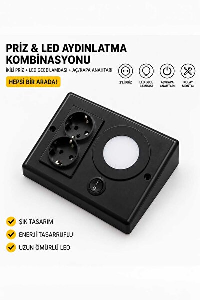 SenaHomeDesing Dolap & Tezgah Altı Prizli Aydınlatma 3 Watt Siyah Kasa