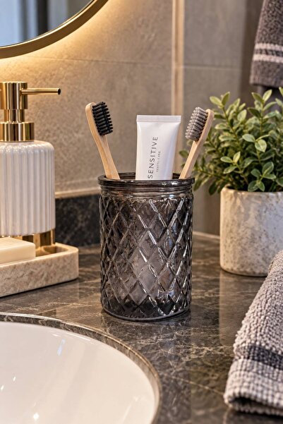 ANGDESİGN Dekoratif Cam Diş Fırçalık FÜME || Çok Amaçlı Banyo Düzenleyici Makyaj Fırçalık Kalemlik Pamukluk Tealight Mumluk Masaüstü Organizer Dekoratif Obje Biblo || CAM || Dekorasyon Ev Yaşam Diş Fırçası