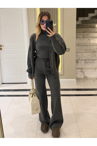 My Blog Anthracite Turtleneck Buttoned 3-Piece Knitwear Set - 1430