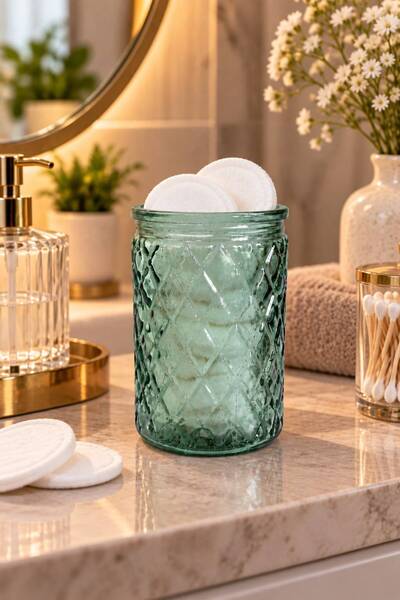 ANGDESİGN Dekoratif Cam Diş Fırçalık YEŞİL || Çok Amaçlı Banyo Düzenleyici Makyaj Fırçalık Kalemlik Pamukluk Tealight Mumluk Masaüstü Organizer Dekoratif Obje Biblo || CAM || Dekorasyon Ev Yaşam Diş Fırçası