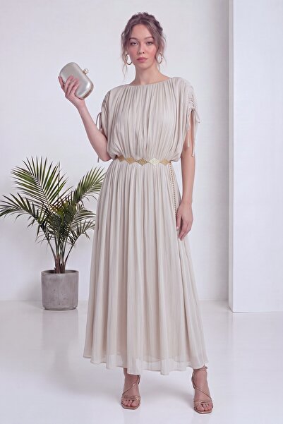 zks grup tekstil Women's Maxi Length Shoulder Tie Chiffon Dress with Gold Bel...