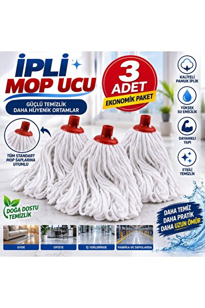 Ceyhanlar 3 Adet İpli Mop Ucu Pamuklu Yüksek Emici Yedek Mop Paspas Ucu Stand...