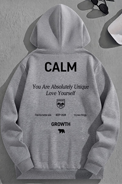 K KOZZ STYLE Unisex 3 Thread Cotton Grey CalmGrowth Print Loose Fit Φούτερ με...
