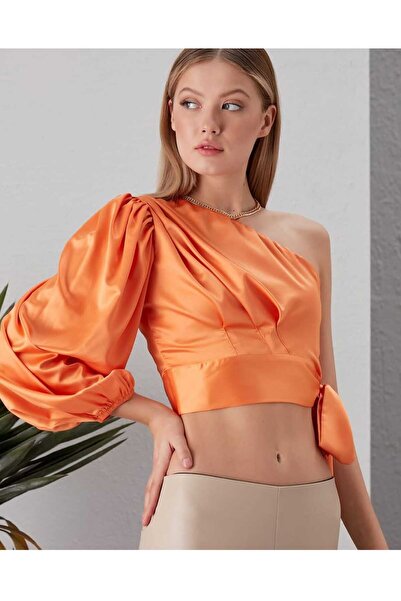 MONAMORE Satin One-Shoulder Blouse with Pleated Waist and Optional Sleeves, W...