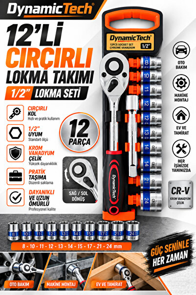 DynamicTech 12'li 1/2 Çırçırlı Lokma Takımı 8-24 mm Krom Vanadyum Çelik Profesyonel Set