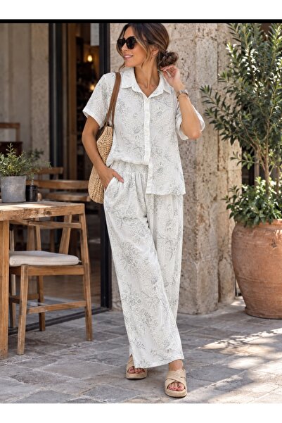 MARWARİ OTANTİK BUTİK Women's Italian Short Sleeve Embossed Shirt and Trouser...
