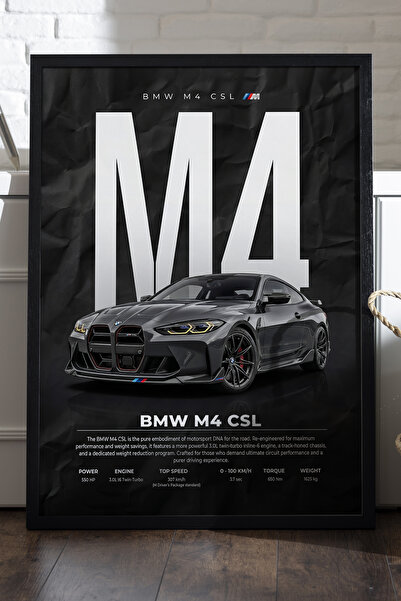 Duvarda BMW M4 CSL Siyah Ahşap Çerçeveli Poster, Dekoratif Araba Duvar Tablosu