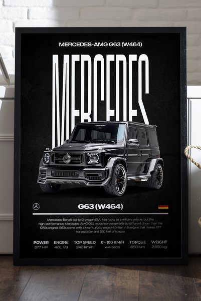 Duvarda Mercedes G63 Siyah Ahşap Çerçeveli Poster, Dekoratif Araba Duvar Tablosu