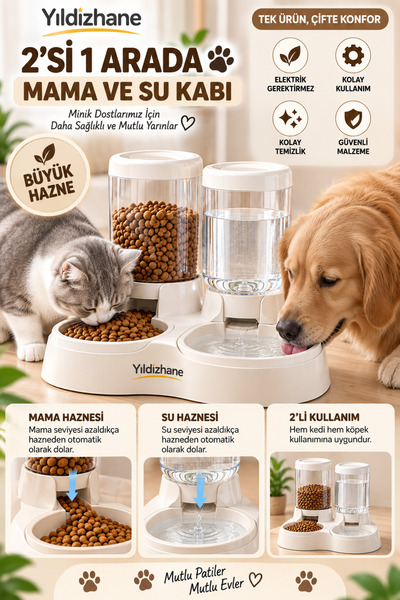 Yıldızhane Otomatik Kedi Köpek Mama ve Su Kabı Büyük Hazneli Yer Çekimli Elektriksiz Mama Su Sebili
