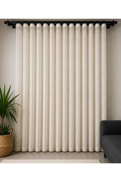 Fon Dünyası Mesh Knitted Sand Beige Tulle Curtain Heavy Weight (1/3 Dense Pleats)