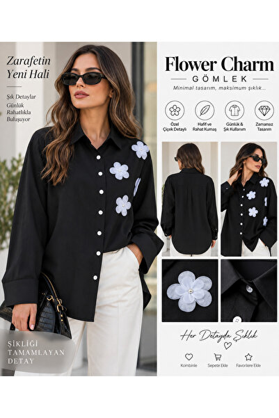 Ravello Collection Çiçekli Siyah Kadın Gömlek