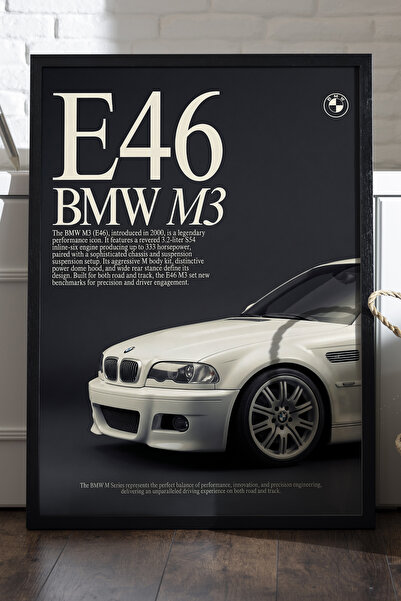 Duvarda BMW M3 E46 Siyah Ahşap Çerçeveli Poster, Dekoratif Araba Duvar Tablosu