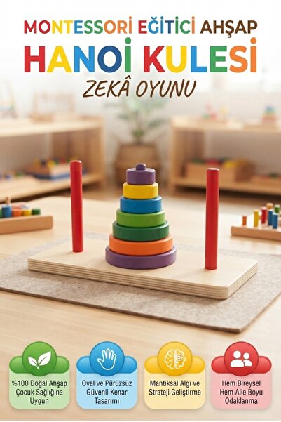 Tıfıl Toys Montessori Ahşap Hanoi Kulesi Matematiksel Zeka Strateji Ve Hafıza...