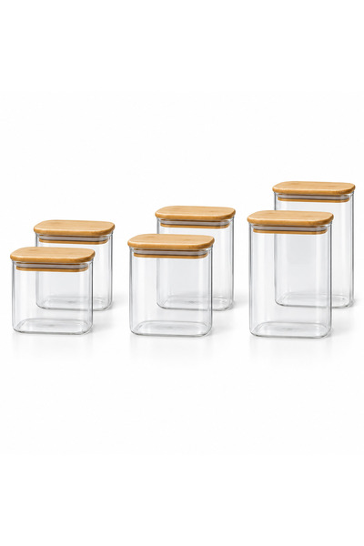 Queen’s Kitchen 6 Adet 3 Boy Dikdörtgen Bambu Kapaklı Cam Kavanoz 650ml, 750ml, 1000ml