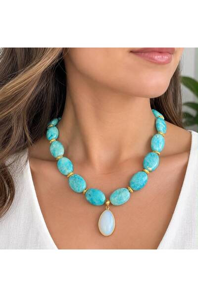 Leyandoğaltaş Special Design Large Cut Agate Natural Stone Necklace - Stylish...