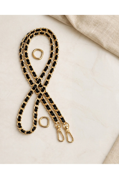 SEM AKSESUAR Black Faux Leather Transitional Metal Bag Chain Strap 115 cm Gold