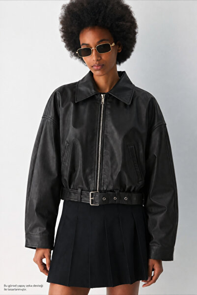Layk Mayk Women's Trend Belted Plain Black Leather Jacket-00313767