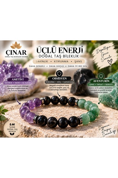 Generic Brand Çınar 3-Piece Energy Natural Stone Bracelet Set – Amethyst, Obs...