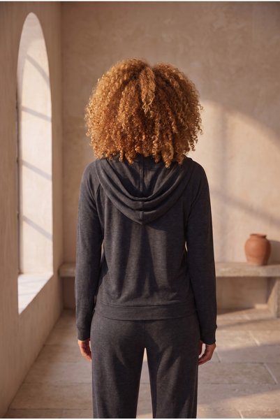 Katia&Bony Women's Hooded Zippered Basic Sweatshirt Anthracite