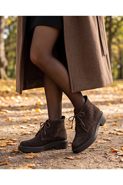 futsi shoes ASPEN Kahverengi Hakiki Süet Deri Bağcıklı Kısa Günlük Kadın Bot