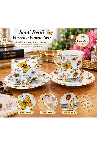 Atak Hediyelik Porcelain Senli Benli Set of 2 Footed Cups – Butterfly, Dragon...