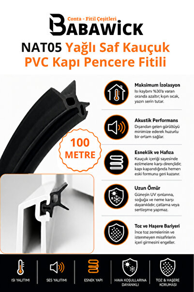BABAWİCK Nat05 Profesyonel Yağlı Saf Kauçuk PVC Kapı Pencere Fitili 100 Mt Si...