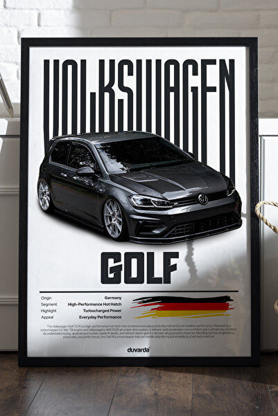 Duvarda Volkswagen Golf 7.5 Siyah Ahşap Çerçeveli Poster, Dekoratif Araba Duv...