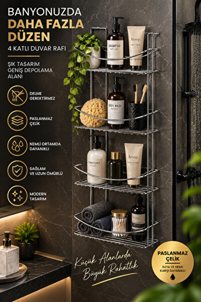 Mecra Life 4 Katlı Banyo Rafı Paslanmaz Metal Duş Rafı – Geniş Şampuanlık Ban...
