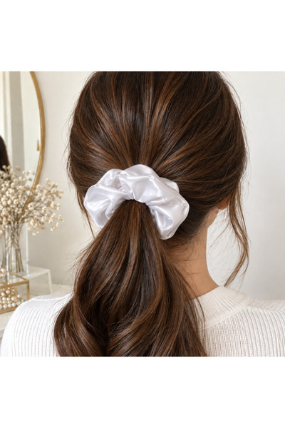 Renk İthalat Satin Buckle White 10-Pack Henna Engagement Wedding Elastic Hair Scrunchie Hair Gift Bachelorette