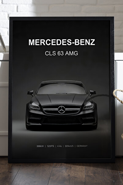 Duvarda Mercedes CLS 63 AMG Siyah Ahşap Çerçeveli Poster, Dekoratif Araba Duv...
