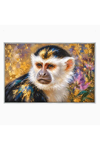 Luxcanva Tablou Canvas Maimuta Aurie 120x80 cm cu Rama Argintiu Maimuta Portr...