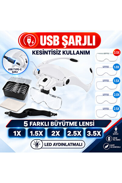 MEKTEK 5 Lensli 2 Led Işıklı Ayarlanabilir Loop Gözlük Tipi Büyüteç - 1.0x - ...