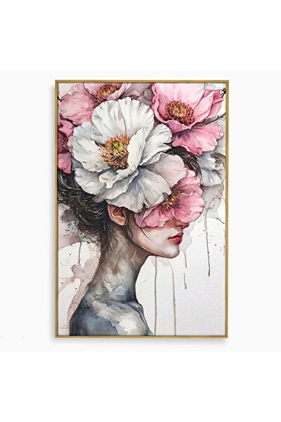 Luxcanva Tablou Canvas Femeie Cu Flori Pe Cap 50x70 cm cu Rama Auriu Femeie F...