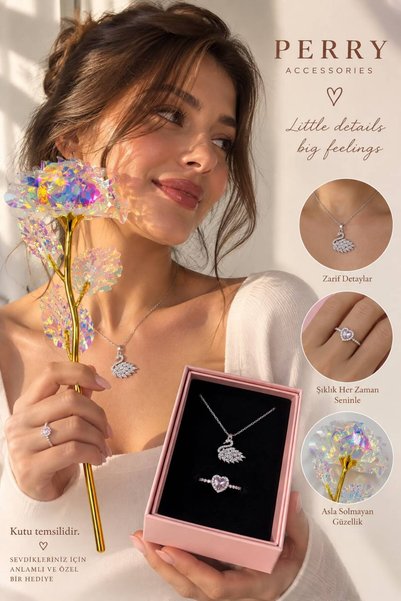 Le Manolia Accessories kararmaz çelik kuğu kolye ,ciddi ilişki kalp yüzük, sonsuzluk gül hediye set sevgiliye