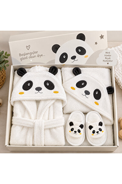 Movamirbaby 0-2 Yaş %100 Pamuk Panda Desenli Kutulu Bebek Bornoz Seti – Borno...